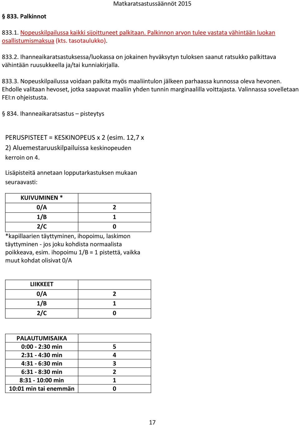 .3. Nopeuskilpailussa voidaan palkita myös maaliintulon jälkeen parhaassa kunnossa oleva hevonen. Ehdolle valitaan hevoset, jotka saapuvat maaliin yhden tunnin marginaalilla voittajasta.