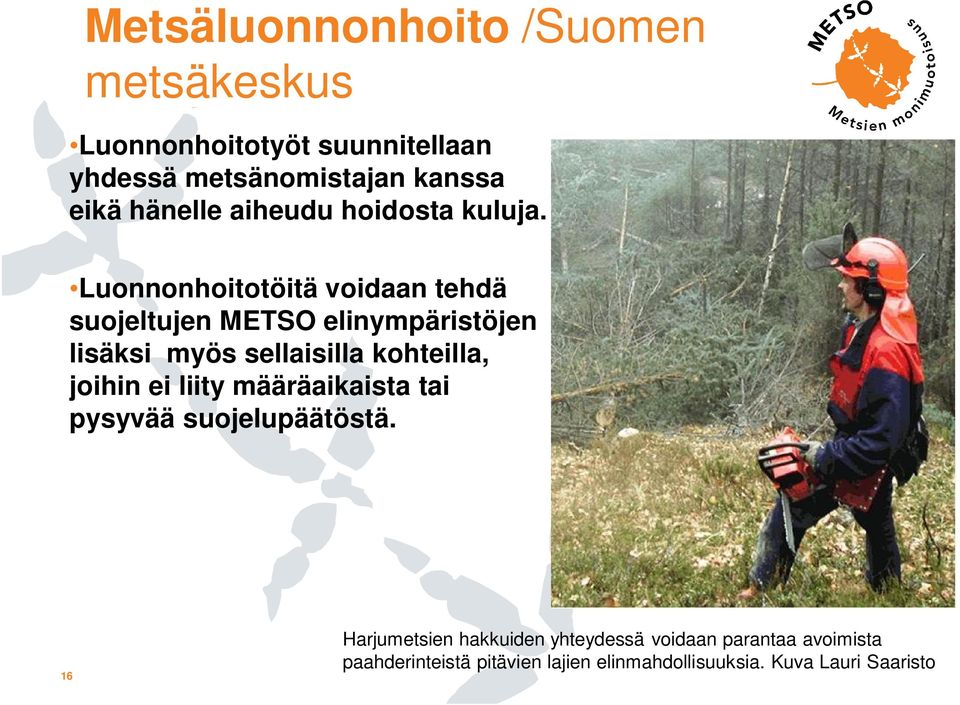 Luonnonhoitotöitä voidaan tehdä suojeltujen METSO elinympäristöjen lisäksi myös sellaisilla kohteilla,