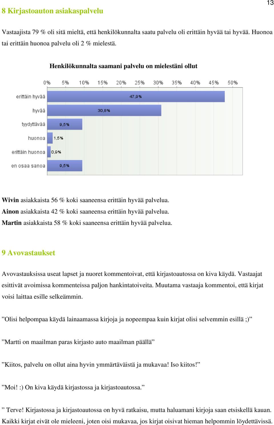 Martin asiakkaista 58 % koki saaneensa erittäin hyvää palvelua. 9 Avovastaukset Avovastauksissa useat lapset ja nuoret kommentoivat, että kirjastoautossa on kiva käydä.