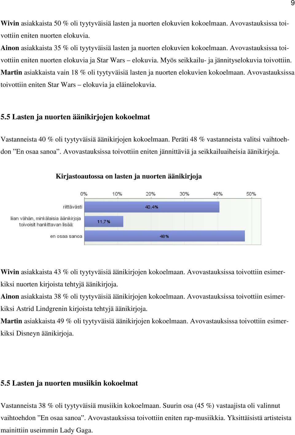 Martin asiakkaista vain 18 % oli tyytyväisiä lasten ja nuorten elokuvien kokoelmaan. Avovastauksissa toivottiin eniten Star Wars elokuvia ja eläinelokuvia. 5.