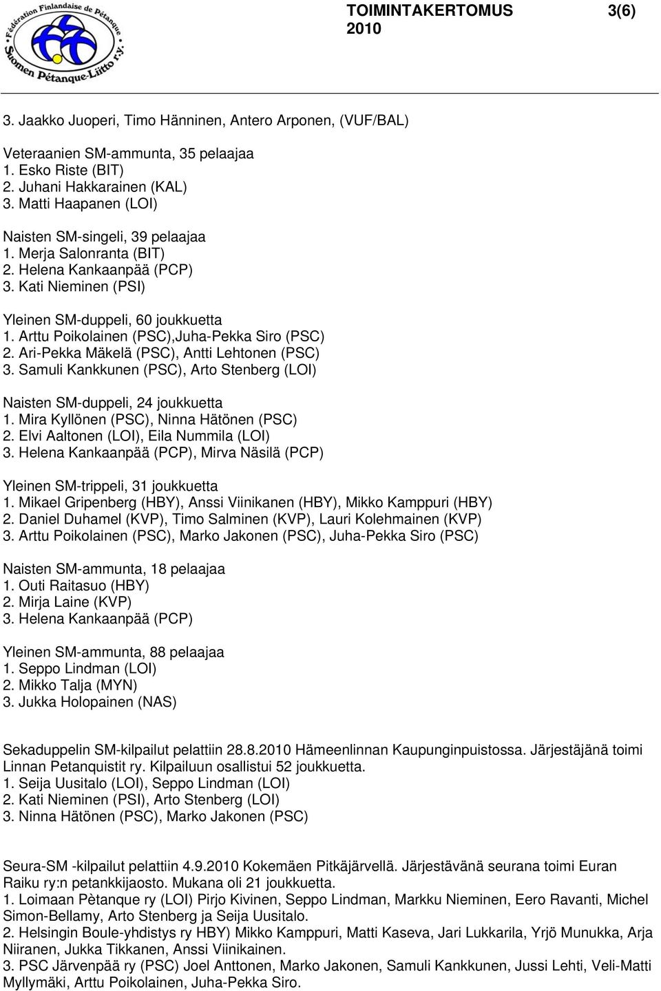 Arttu Poikolainen (PSC),Juha-Pekka Siro (PSC) 2. Ari-Pekka Mäkelä (PSC), Antti Lehtonen (PSC) 3. Samuli Kankkunen (PSC), Arto Stenberg (LOI) Naisten SM-duppeli, 24 joukkuetta 1.