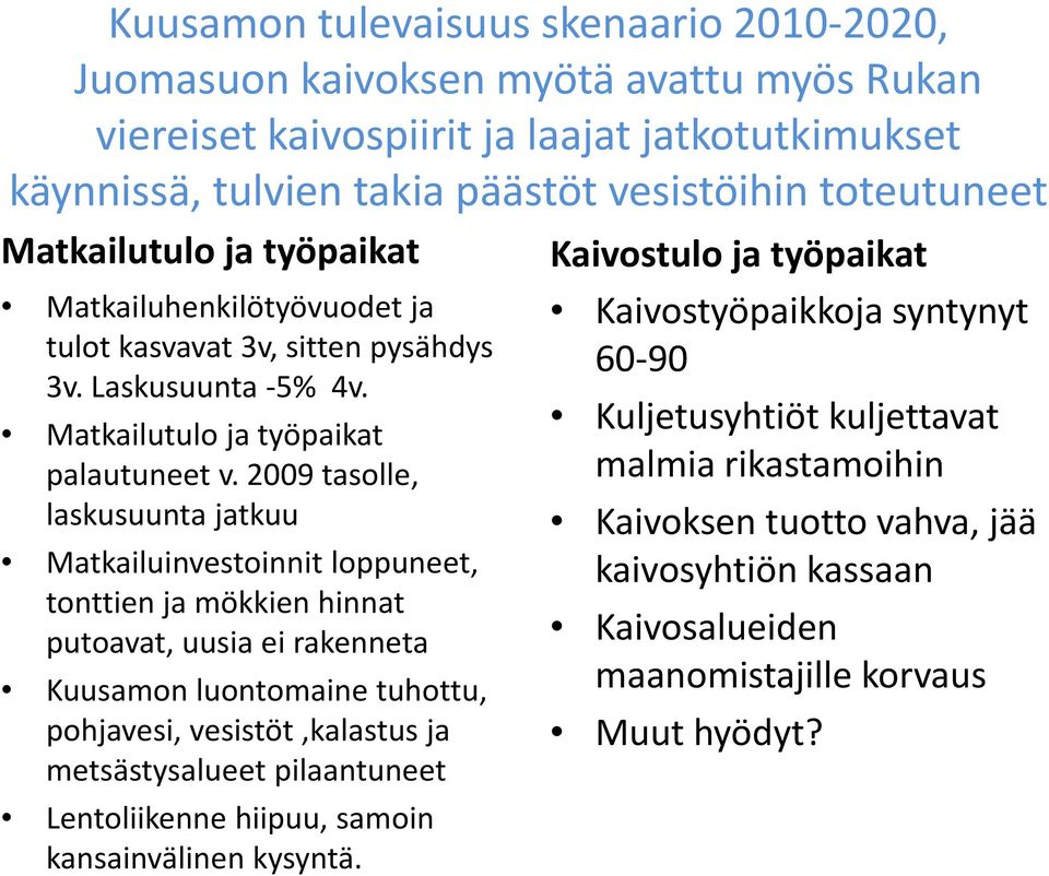 2009 tasolle, laskusuunta jatkuu Mtkili Matkailuinvestoinnit ti itloppuneet, tonttien ja mökkien hinnat putoavat, uusia ei rakenneta Kuusamon luontomaine tuhottu, pohjavesi, vesistöt,kalastus ja