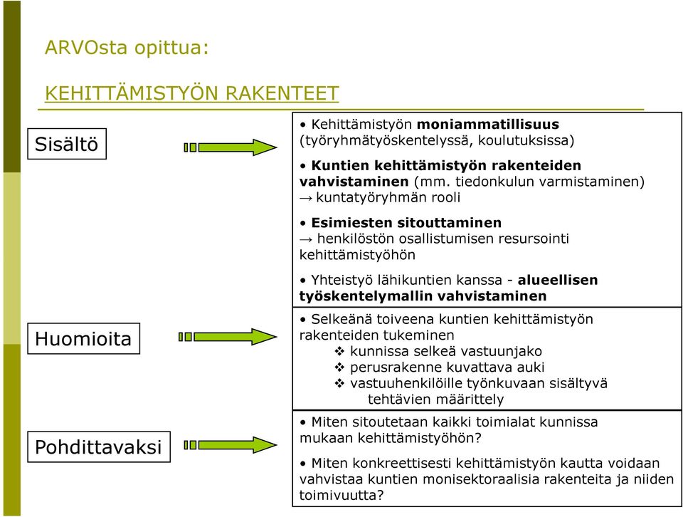 työskentelymallin vahvistaminen Selkeänä toiveena kuntien kehittämistyön rakenteiden tukeminen kunnissa selkeä vastuunjako perusrakenne kuvattava auki vastuuhenkilöille työnkuvaan