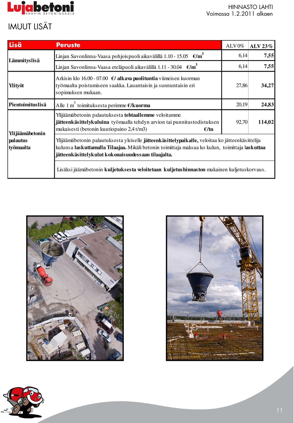 27,86 34,27 Pientoimituslisä Alle 1 m 3 toimituksesta perimme /kuorma 20,19 24,83 Ylijäämäbetonin palautus työmaalta Ylijäämäbetonin palautuksesta tehtaallemme veloitamme jätteenkäsittelykuluina