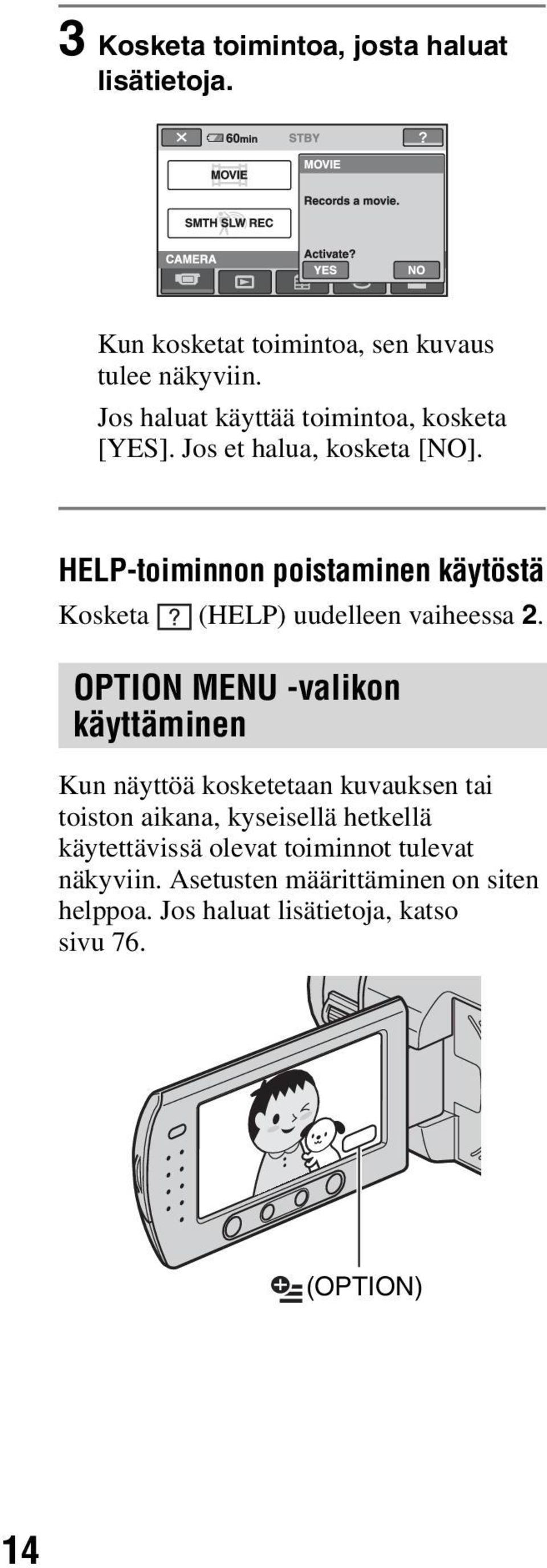 HELP-toiminnon poistaminen käytöstä Kosketa (HELP) uudelleen vaiheessa 2.