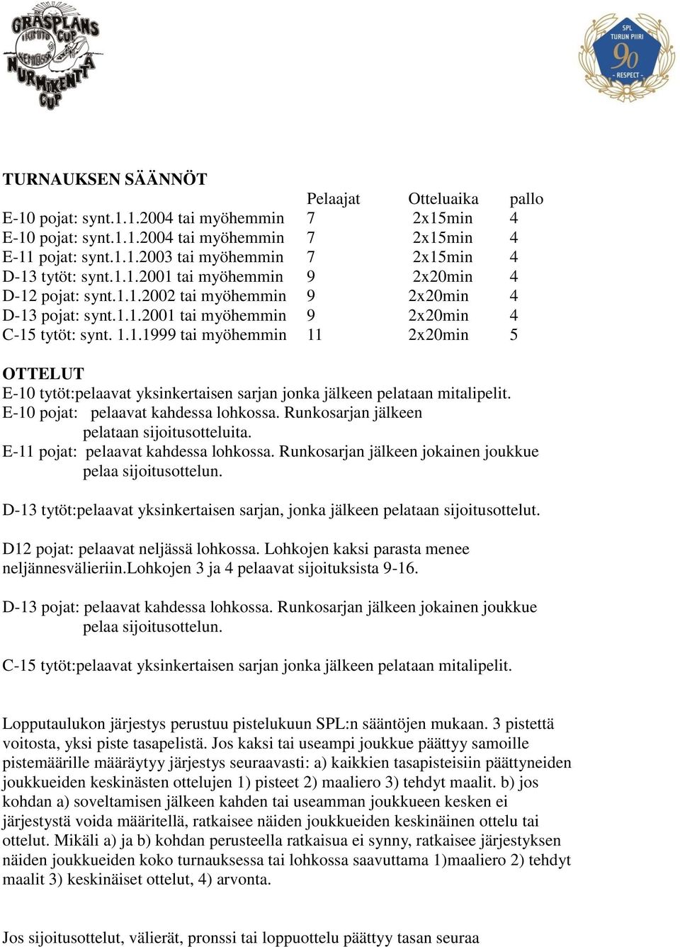 E-10 pojat: pelaavat kahdessa lohkossa. Runkosarjan jälkeen pelataan sijoitusotteluita. E-11 pojat: pelaavat kahdessa lohkossa. Runkosarjan jälkeen jokainen joukkue pelaa sijoitusottelun.