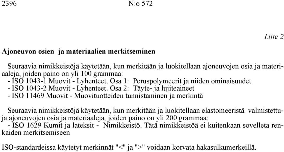 Osa 2: Täyte- ja lujiteaineet - ISO 11469 Muovit - Muovituotteiden tunnistaminen ja merkintä Seuraavia nimikkeistöjä käytetään, kun merkitään ja luokitellaan elastomeeristä valmistettuja