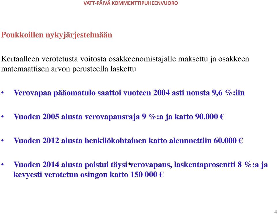 Vuoden 2005 alusta verovapausraja 9 %:a ja katto 90.