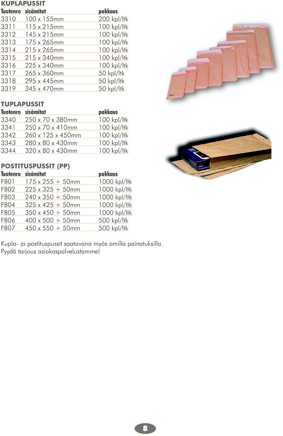 kpl/ltk 3341 250 x 70 x 410mm 100 kpl/ltk 3342 260 x 125 x 450mm 100 kpl/ltk 3343 280 x 80 x 430mm 100 kpl/ltk 3344 320 x 80 x 430mm 100 kpl/ltk POSTITUSPUSSIT (PP) Tuotenro sisämitat pakkaus FB01