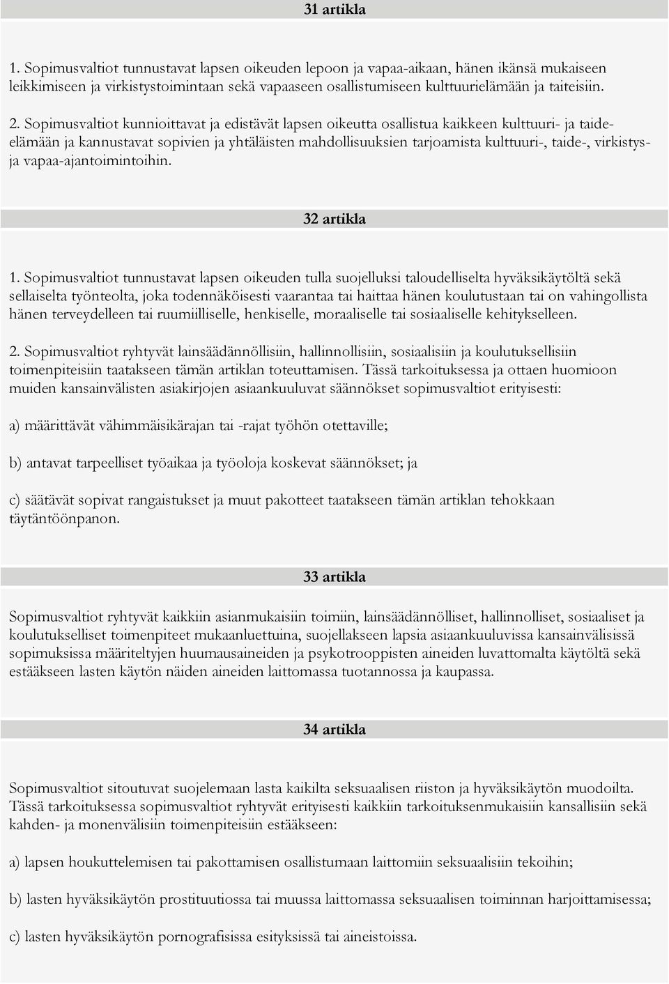 Sopimusvaltiot kunnioittavat ja edistävät lapsen oikeutta osallistua kaikkeen kulttuuri- ja taideelämään ja kannustavat sopivien ja yhtäläisten mahdollisuuksien tarjoamista kulttuuri-, taide-,