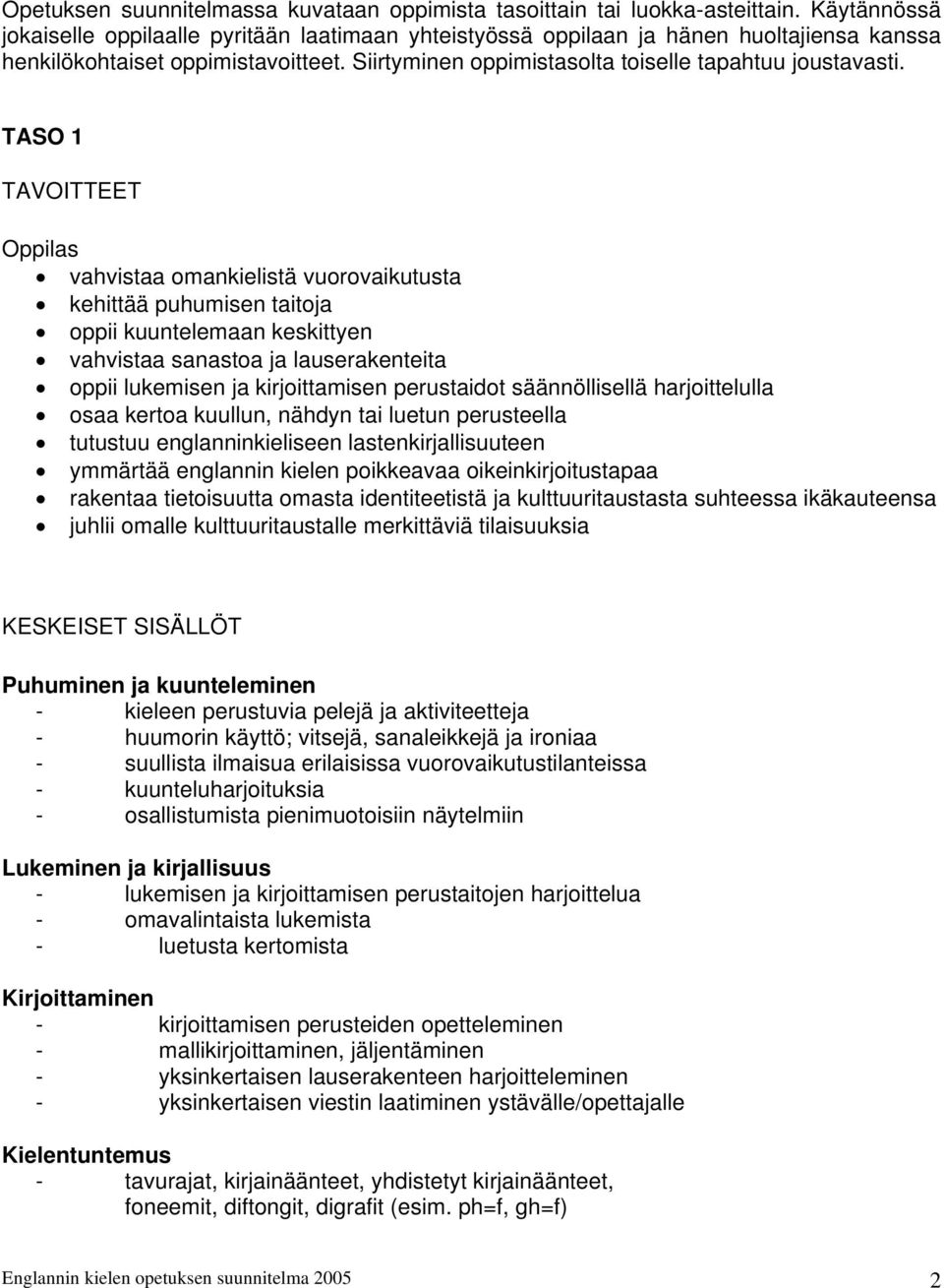 TASO 1 TAVOITTEET vahvistaa omankielistä vuorovaikutusta kehittää puhumisen taitoja oppii kuuntelemaan keskittyen vahvistaa sanastoa ja lauserakenteita oppii lukemisen ja kirjoittamisen perustaidot