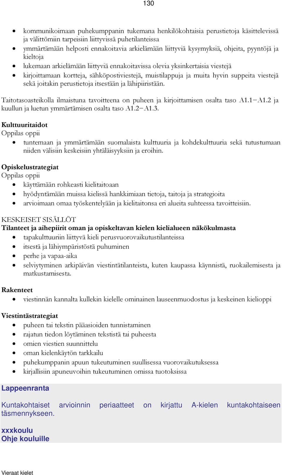 suppeita viestejä sekä joitakin perustietoja itsestään ja lähipiiristään. Taitotasoasteikolla ilmaistuna tavoitteena on puheen ja kirjoittamisen osalta taso A1.1 A1.