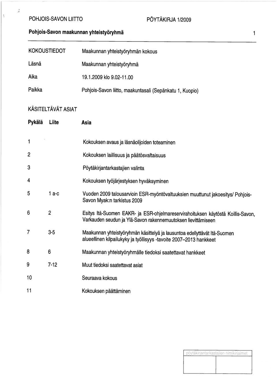Pöytäkirjantarkastajien valinta 4 Kokouksen työjärjestyksen hyväksyminen 5 1 a-c Vuoden 2009 talousarvioin ESR-myäntövaltuuksien muuttunut jakoesitys/ Pohjois- Savon Myak:n tarkistus 2009 Esitys