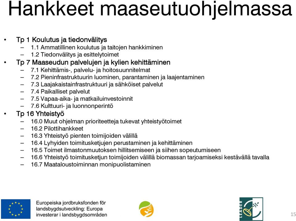 5 Vapaa-aika- ja matkailuinvestoinnit 7.6 Kulttuuri- ja luonnonperintö Tp 16 Yhteistyö 16.0 Muut ohjelman prioriteetteja tukevat yhteistyötoimet 16.2 Pilottihankkeet 16.