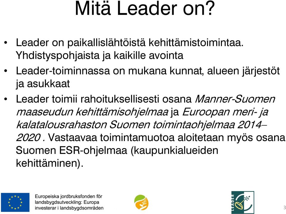 Leader toimii rahoituksellisesti osana Manner-Suomen maaseudun kehittämisohjelmaa ja Euroopan meri- ja