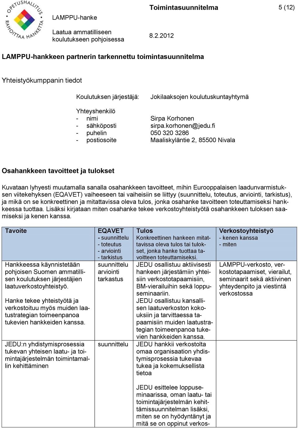 fi - puhelin 050 320 3286 - postiosoite Maaliskyläntie 2, 85500 Nivala Osahankkeen tavoitteet ja tulokset Kuvataan lyhyesti muutamalla sanalla osahankkeen tavoitteet, mihin Eurooppalaisen