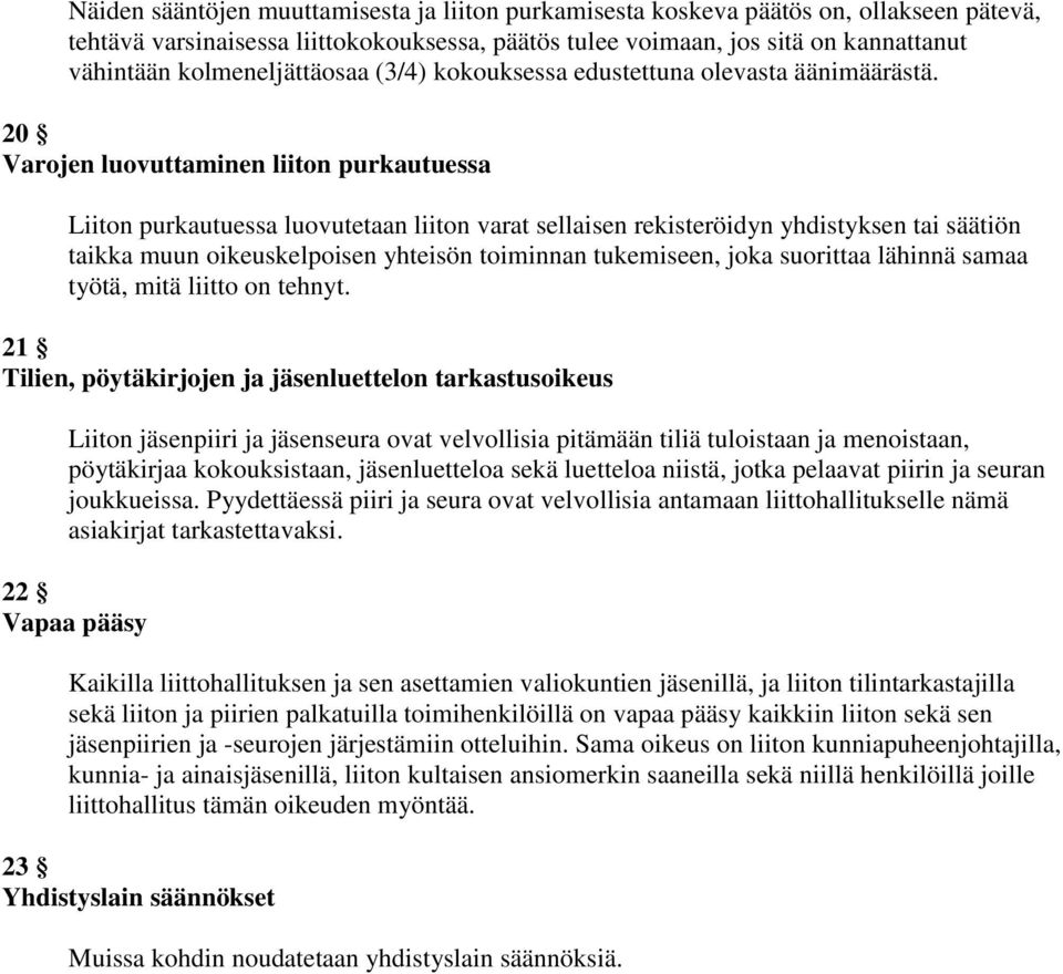 20 Varojen luovuttaminen liiton purkautuessa Liiton purkautuessa luovutetaan liiton varat sellaisen rekisteröidyn yhdistyksen tai säätiön taikka muun oikeuskelpoisen yhteisön toiminnan tukemiseen,