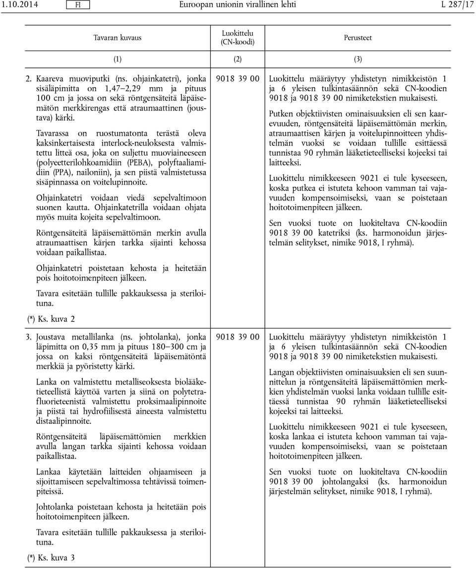 Tavarassa on ruostumatonta terästä oleva kaksinkertaisesta interlock-neuloksesta valmistettu litteä osa, joka on suljettu muoviaineeseen (polyeetterilohkoamidiin (PEBA), polyftaaliamidiin (PPA),