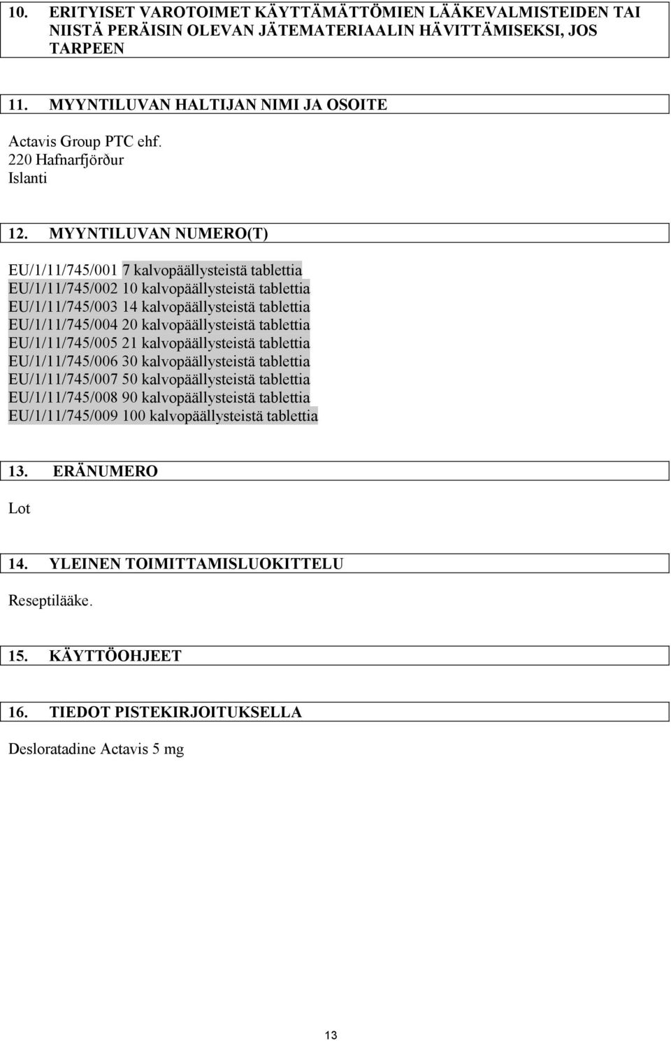 MYYNTILUVAN NUMERO(T) EU/1/11/745/001 7 kalvopäällysteistä tablettia EU/1/11/745/002 10 kalvopäällysteistä tablettia EU/1/11/745/003 14 kalvopäällysteistä tablettia EU/1/11/745/004 20