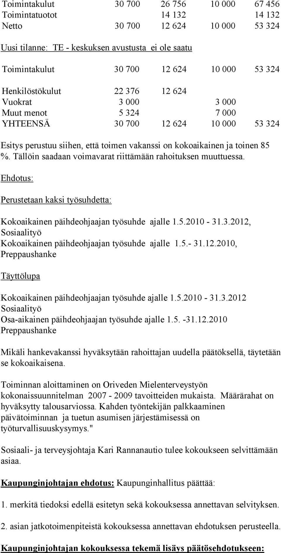 Tällöin saadaan voimavarat riittämään rahoituksen muuttuessa. Ehdotus: Perustetaan kaksi työsuhdetta: Kokoaikainen päihdeohjaajan työsuhde ajalle 1.5.2010-31