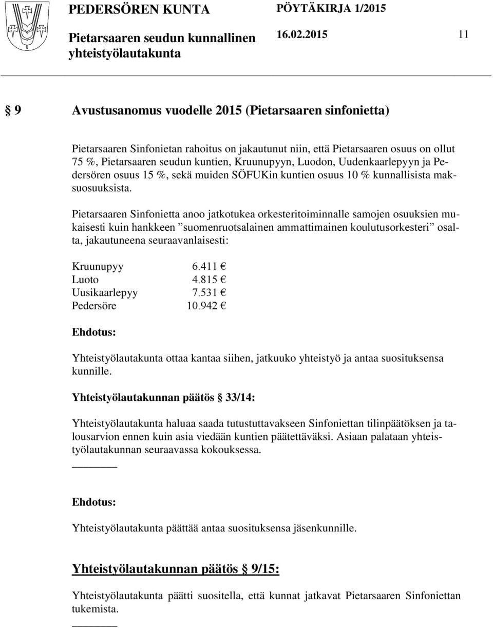 Luodon, Uudenkaarlepyyn ja Pedersören osuus 15 %, sekä muiden SÖFUKin kuntien osuus 10 % kunnallisista maksuosuuksista.