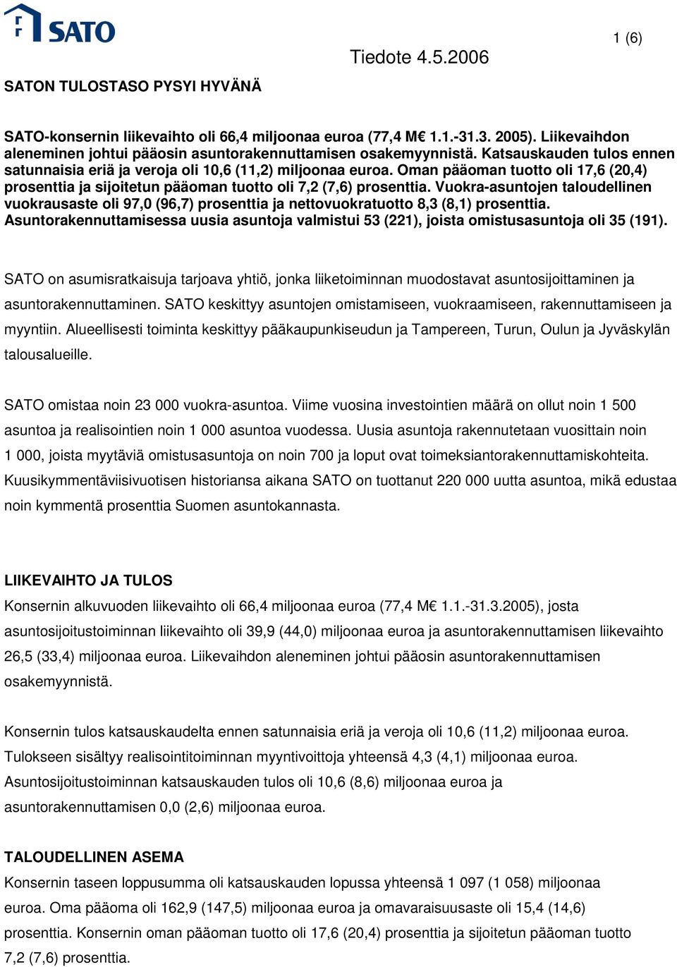 Oman pääoman tuotto oli 17,6 (20,4) prosenttia ja sijoitetun pääoman tuotto oli 7,2 (7,6) prosenttia.