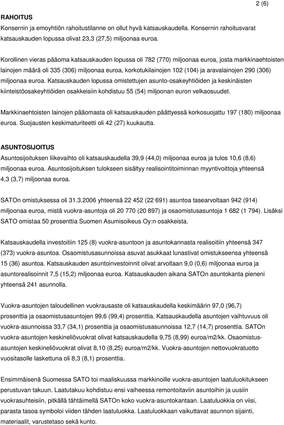 (306) miljoonaa euroa. Katsauskauden lopussa omistettujen asunto-osakeyhtiöiden ja keskinäisten kiinteistöosakeyhtiöiden osakkeisiin kohdistuu 55 (54) miljoonan euron velkaosuudet.