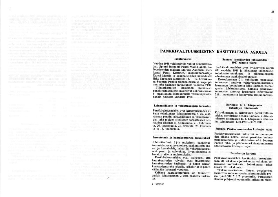 helmikuuta Suomen Pankin tilinpäätöksen ja kirjanpidon sekä hallinnon tarkastuksen vuodelta 1988. Tilintarkastajien lausunnon mukaisesti pankkivaltuusmiehet myönsivät kokouksessaan 8.