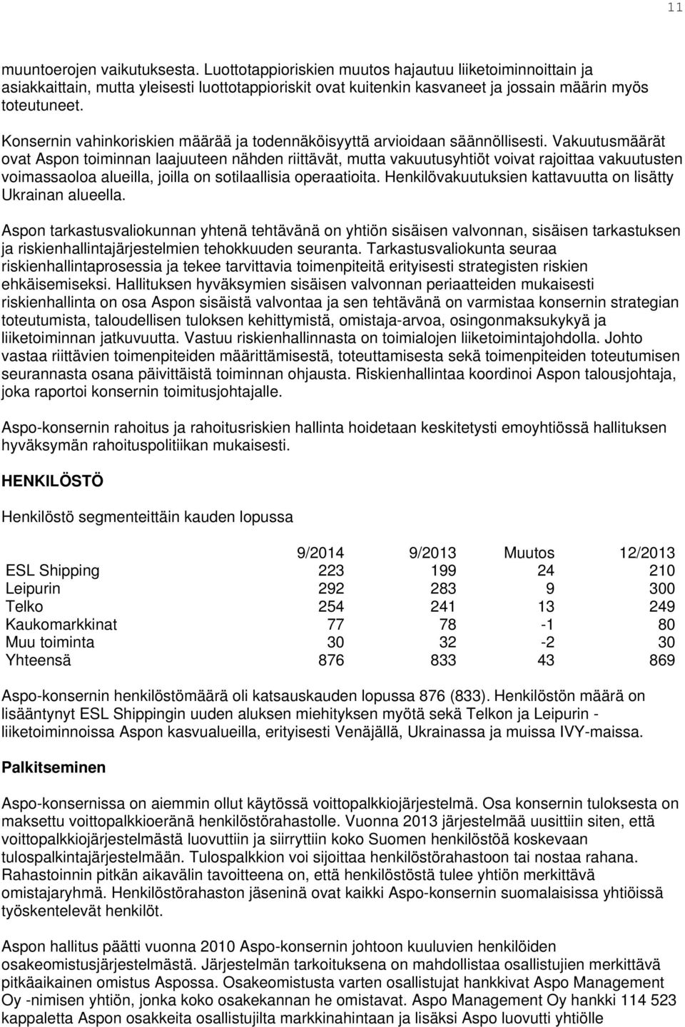 Vakuutusmäärät ovat Aspon toiminnan laajuuteen nähden riittävät, mutta vakuutusyhtiöt voivat rajoittaa vakuutusten voimassaoloa alueilla, joilla on sotilaallisia operaatioita.