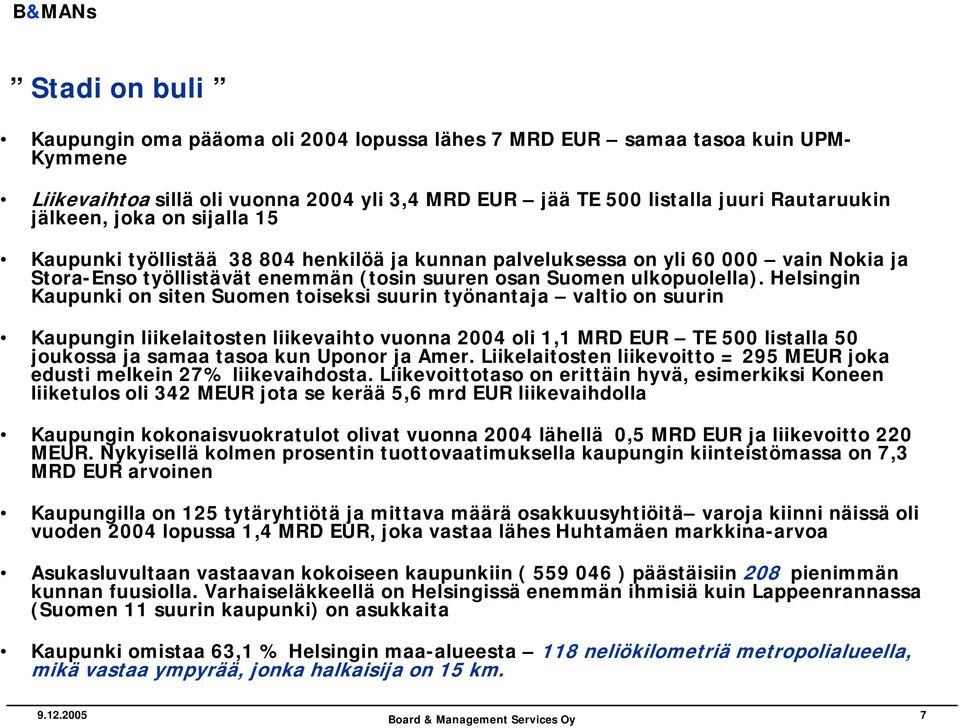Helsingin Kaupunki on siten Suomen toiseksi suurin työnantaja valtio on suurin Kaupungin liikelaitosten liikevaihto vuonna 2004 oli 1,1 MRD EUR TE 500 listalla 50 joukossa ja samaa tasoa kun Uponor