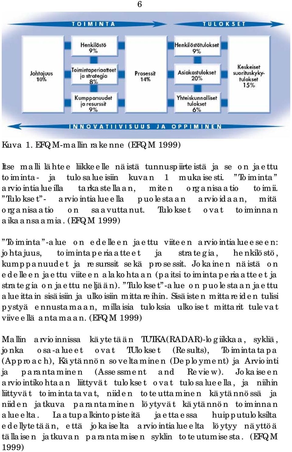 (EFQM 1999) Toiminta -alue on edelleen jaettu viiteen arviointialueeseen: johtajuus, toimintaperiaatteet ja strategia, henkilöstö, kumppanuudet ja resurssit sekä prosessit.