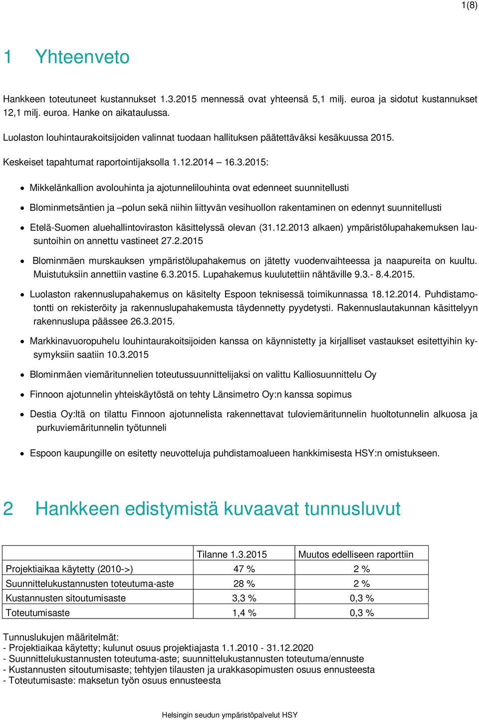2015: Mikkelänkallion avolouhinta ja ajotunnelilouhinta ovat edenneet suunnitellusti Blominmetsäntien ja polun sekä niihin liittyvän vesihuollon rakentaminen on edennyt suunnitellusti Etelä-Suomen