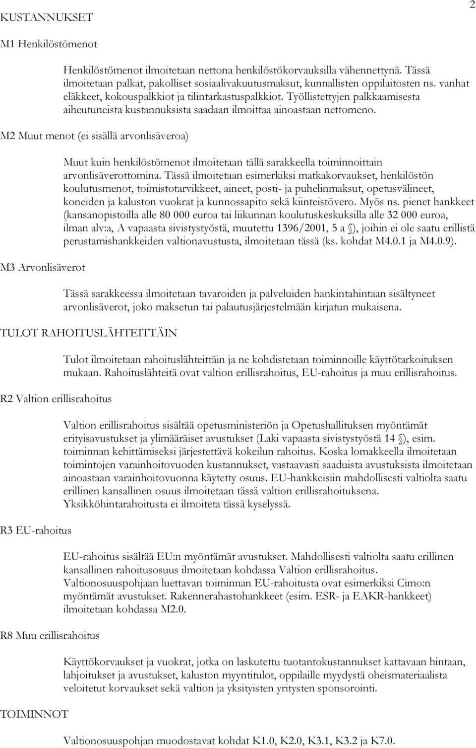 M2 Muut menot (ei sisällä arvonlisäveroa) M3 Arvonlisäverot Muut kuin henkilöstömenot ilmoitetaan tällä sarakkeella toiminnoittain arvonlisäverottomina.