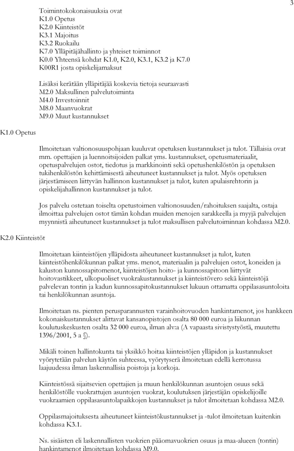 0 Kiinteistöt Ilmoitetaan valtionosuuspohjaan kuuluvat opetuksen kustannukset ja tulot. Tällaisia ovat mm. opettajien ja luennoitsijoiden palkat yms.