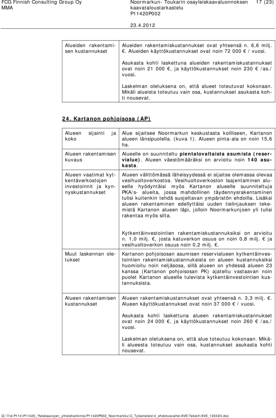 Mikäli alueista toteutuu vain osa, asukasta kohti 24. Kartanon pohjoisosa (AP) investoinnit ja kynnys Alue sijaitsee Noormarkun keskustasta koilliseen, Kartanon alueen länsipuolella. (kuva 1).