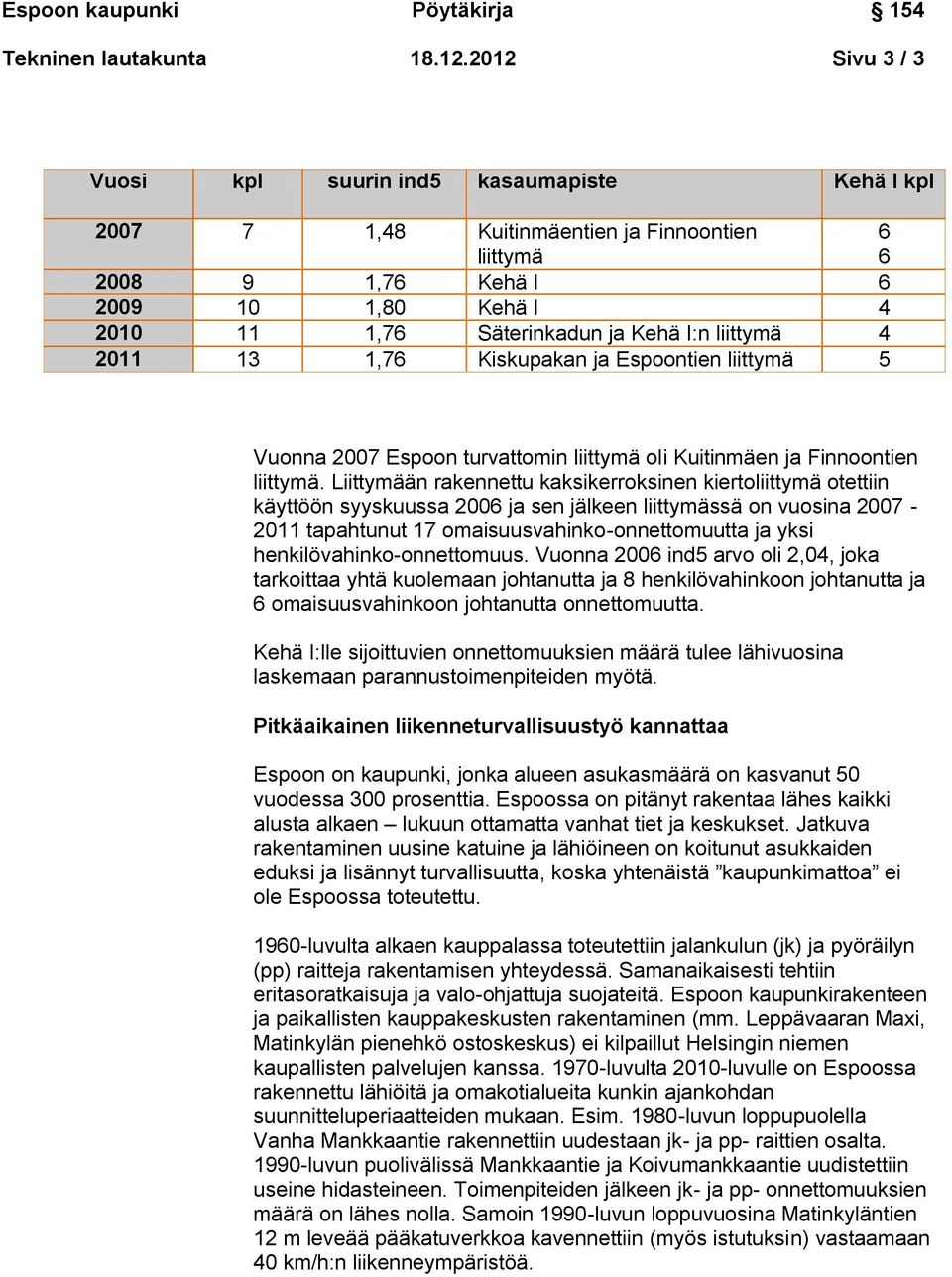liittymä 4 2011 13 1,76 Kiskupakan ja Espoontien liittymä 5 Vuonna 2007 Espoon turvattomin liittymä oli Kuitinmäen ja Finnoontien liittymä.