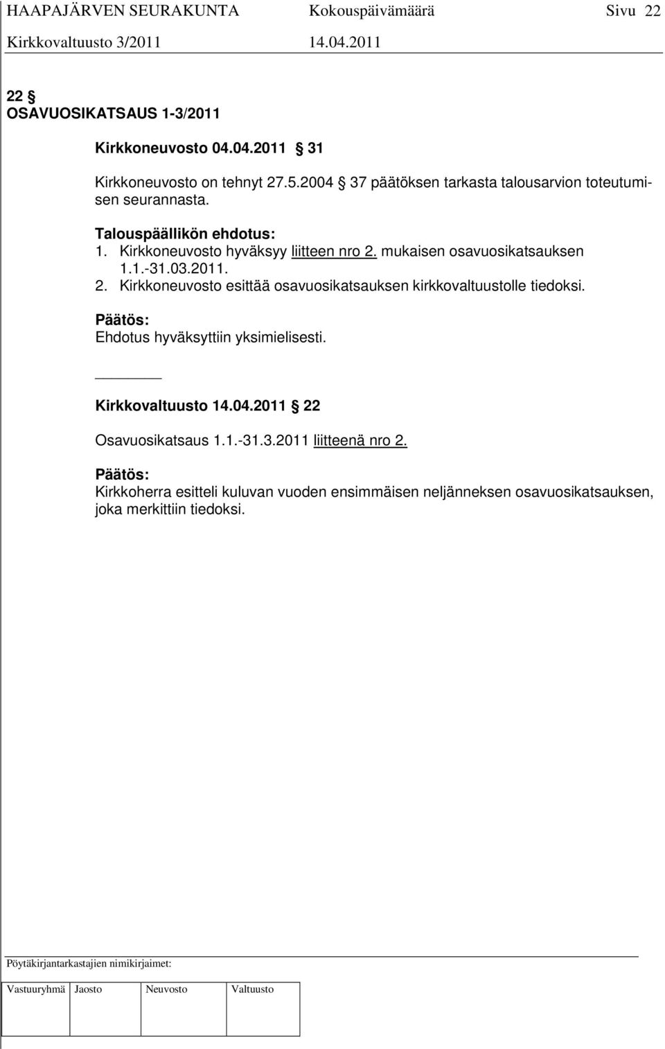 mukaisen osavuosikatsauksen 1.1.-31.03.2011. 2. Kirkkoneuvosto esittää osavuosikatsauksen kirkkovaltuustolle tiedoksi.