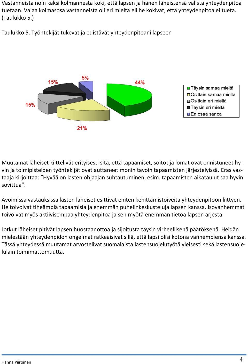 Työntekijät tukevat ja edistävät yhteydenpitoani lapseen Muutamat läheiset kiittelivät erityisesti sitä, että tapaamiset, soitot ja lomat ovat onnistuneet hyvin ja toimipisteiden työntekijät ovat