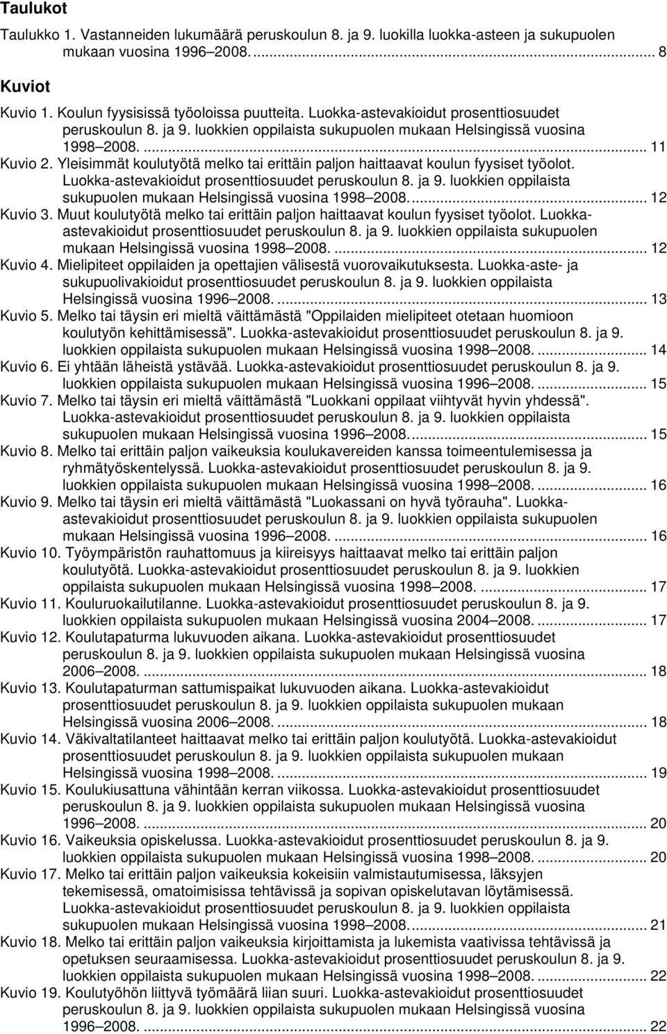 Yleisimmät koulutyötä melko tai erittäin paljon haittaavat koulun fyysiset työolot. Luokka-astevakioidut prosenttiosuudet peruskoulun 8. ja 9.