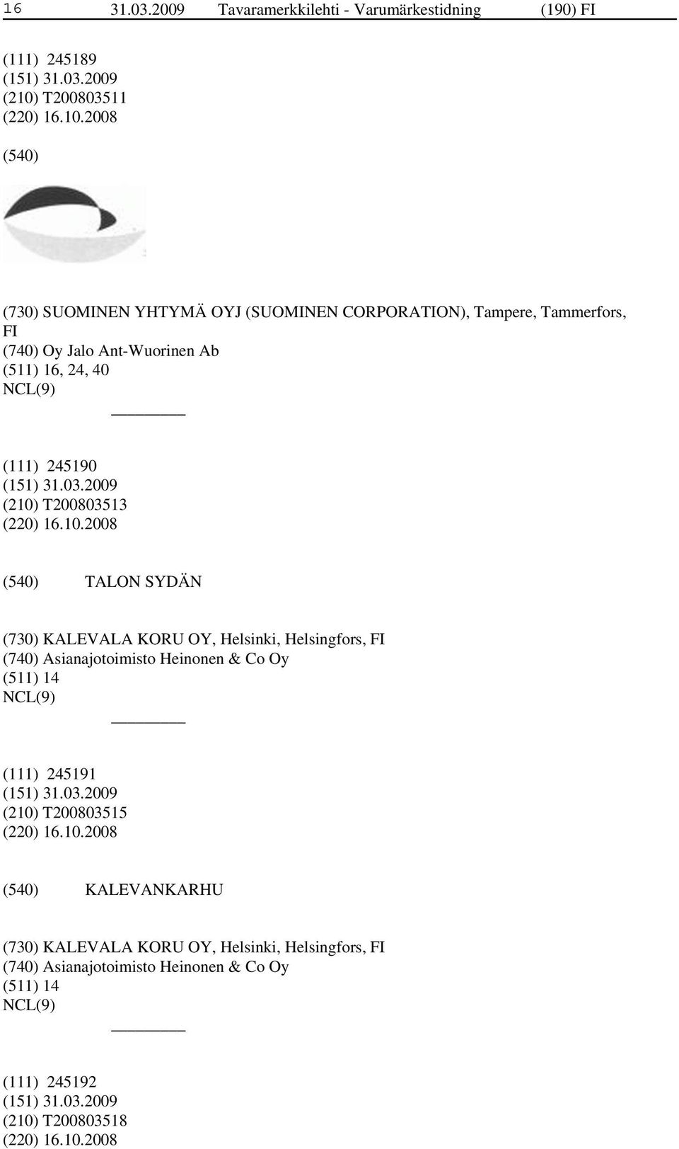 2008 (730) SUOMINEN YHTYMÄ OYJ (SUOMINEN CORPORATION), Tampere, Tammerfors, FI (740) Oy Jalo Ant-Wuorinen Ab (511) 16, 24, 40 (111) 245190 (210)