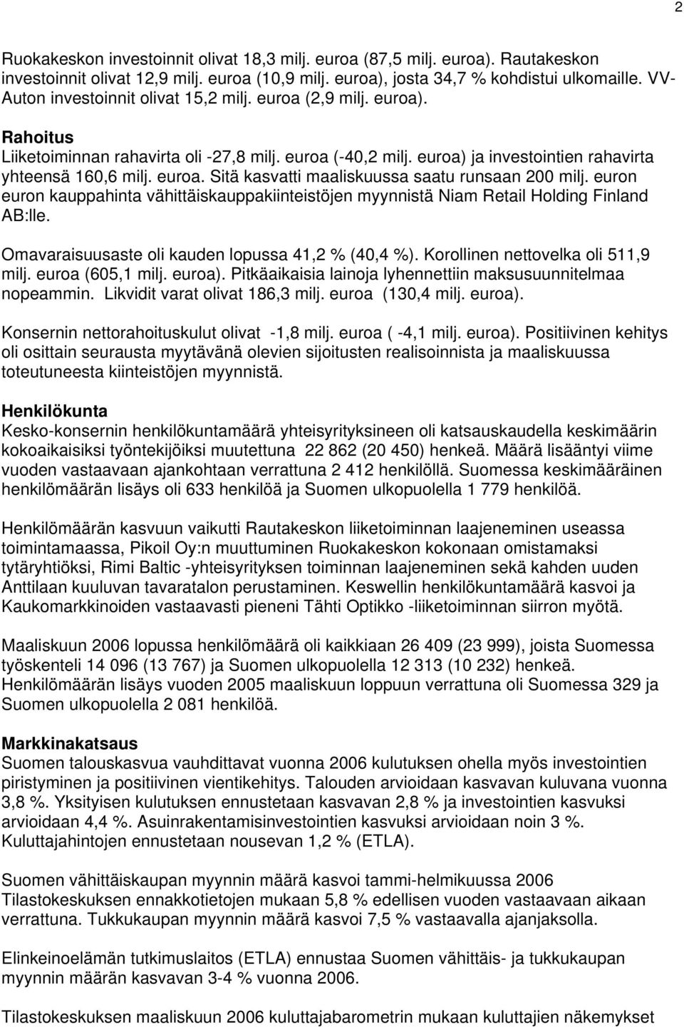 euron euron kauppahinta vähittäiskauppakiinteistöjen myynnistä Niam Retail Holding Finland AB:lle. Omavaraisuusaste oli kauden lopussa 41,2 % (40,4 %). Korollinen nettovelka oli 511,9 milj.