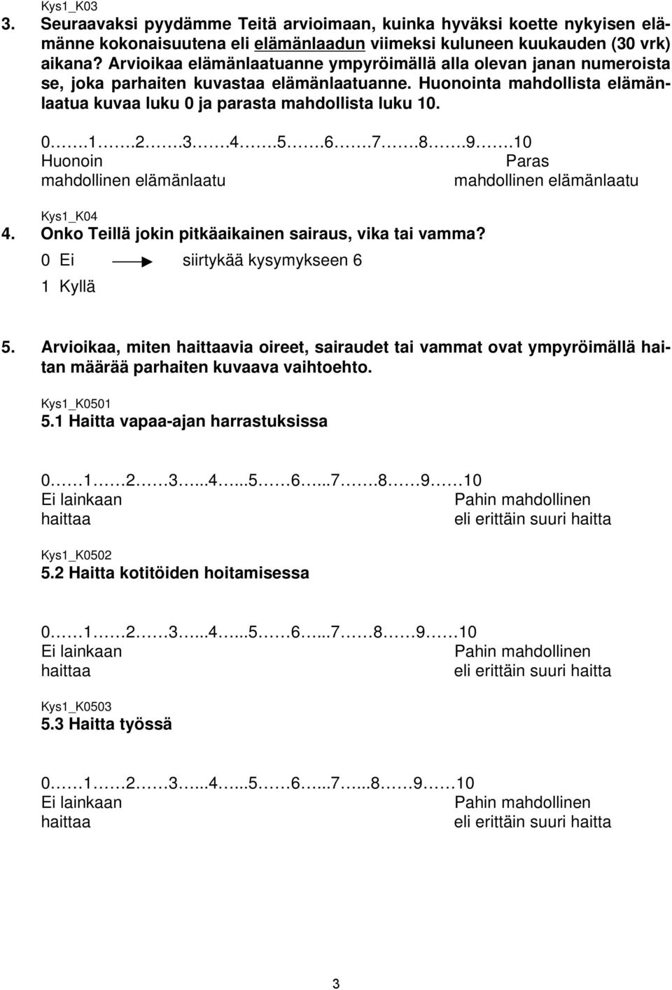 3.4.5.6.7.8.9.10 Huonoin Paras mahdollinen elämänlaatu mahdollinen elämänlaatu Kys1_K04 4. Onko Teillä jokin pitkäaikainen sairaus, vika tai vamma? 0 Ei siirtykää kysymykseen 6 1 Kyllä 5.