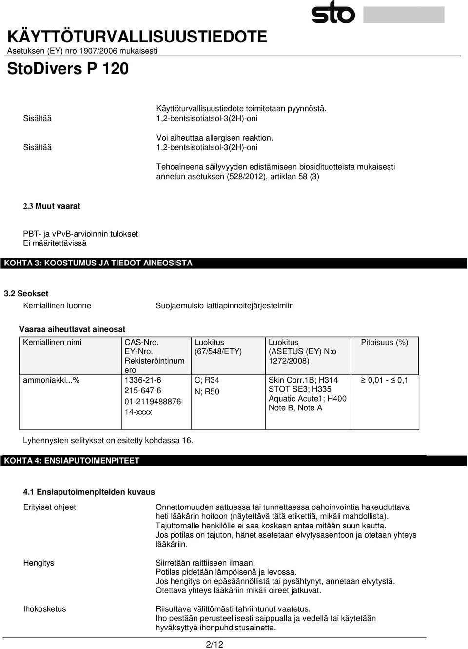 3 Muut vaarat PBT- ja vpvb-arvioinnin tulokset Ei määritettävissä KOHTA 3: KOOSTUMUS JA TIEDOT AINEOSISTA 3.