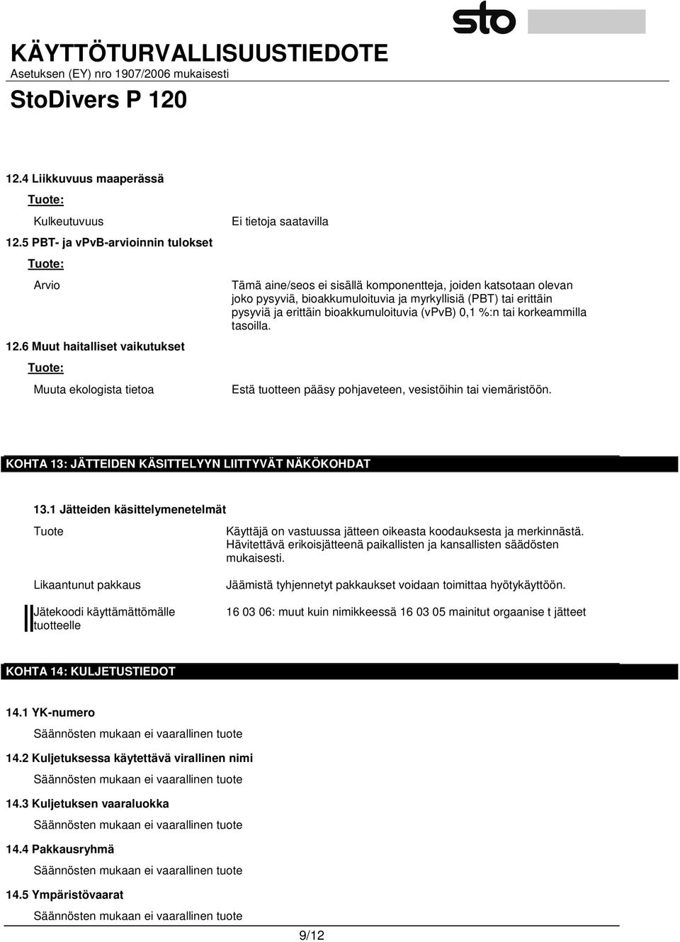 pysyviä ja erittäin bioakkumuloituvia (vpvb) 0,1 %:n tai korkeammilla tasoilla. Estä tuotteen pääsy pohjaveteen, vesistöihin tai viemäristöön. KOHTA 13: JÄTTEIDEN KÄSITTELYYN LIITTYVÄT NÄKÖKOHDAT 13.