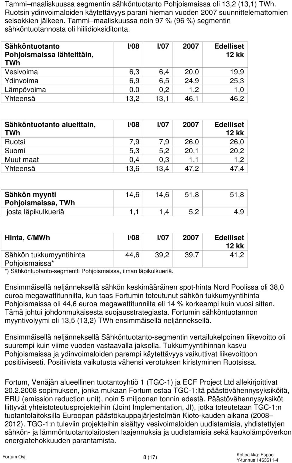 Sähköntuotanto Pohjoismaissa lähteittäin, TWh I/08 I/07 2007 Edelliset Vesivoima 6,3 6,4 20,0 19,9 Ydinvoima 6,9 6,5 24,9 25,3 Lämpövoima 0.