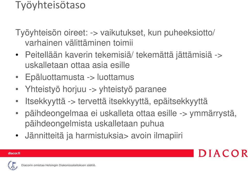 luottamus Yhteistyö horjuu -> yhteistyö paranee Itsekkyyttä -> tervettä itsekkyyttä, epäitsekkyyttä