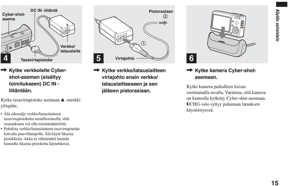 Puhdista verkko/latauslaitteen tasavirtapistoke kuivalla puuvillatupolla. Älä käytä likaisia pistokkeita. Akku ei välttämättä lataudu kunnolla likaista pistoketta käytettäessä.