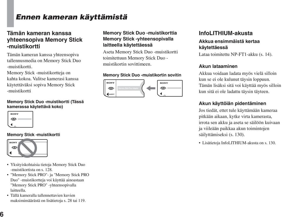 Valitse kamerasi kanssa käytettäväksi sopiva Memory Stick -muistikortti Memory Stick Duo -muistikortti (Tässä kamerassa käytettävä koko) Memory Stick -muistikortti Memory Stick Duo -muistikorttia