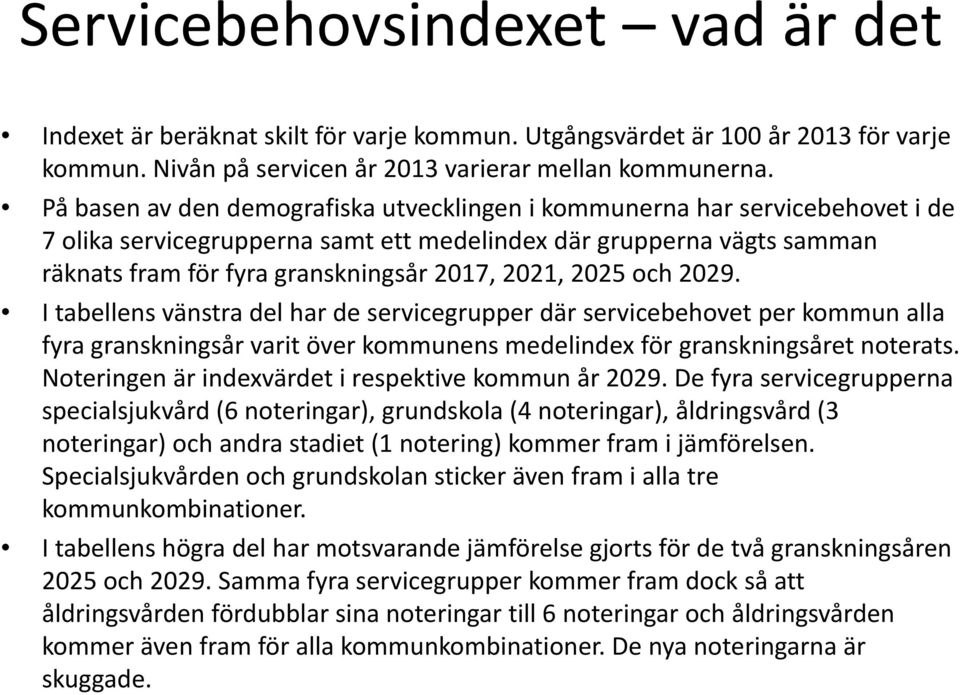 2025 och 2029. I tabellens vänstra del har de servicegrupper där servicebehovet per kommun alla fyra granskningsår varit över kommunens medelindex för granskningsåret noterats.