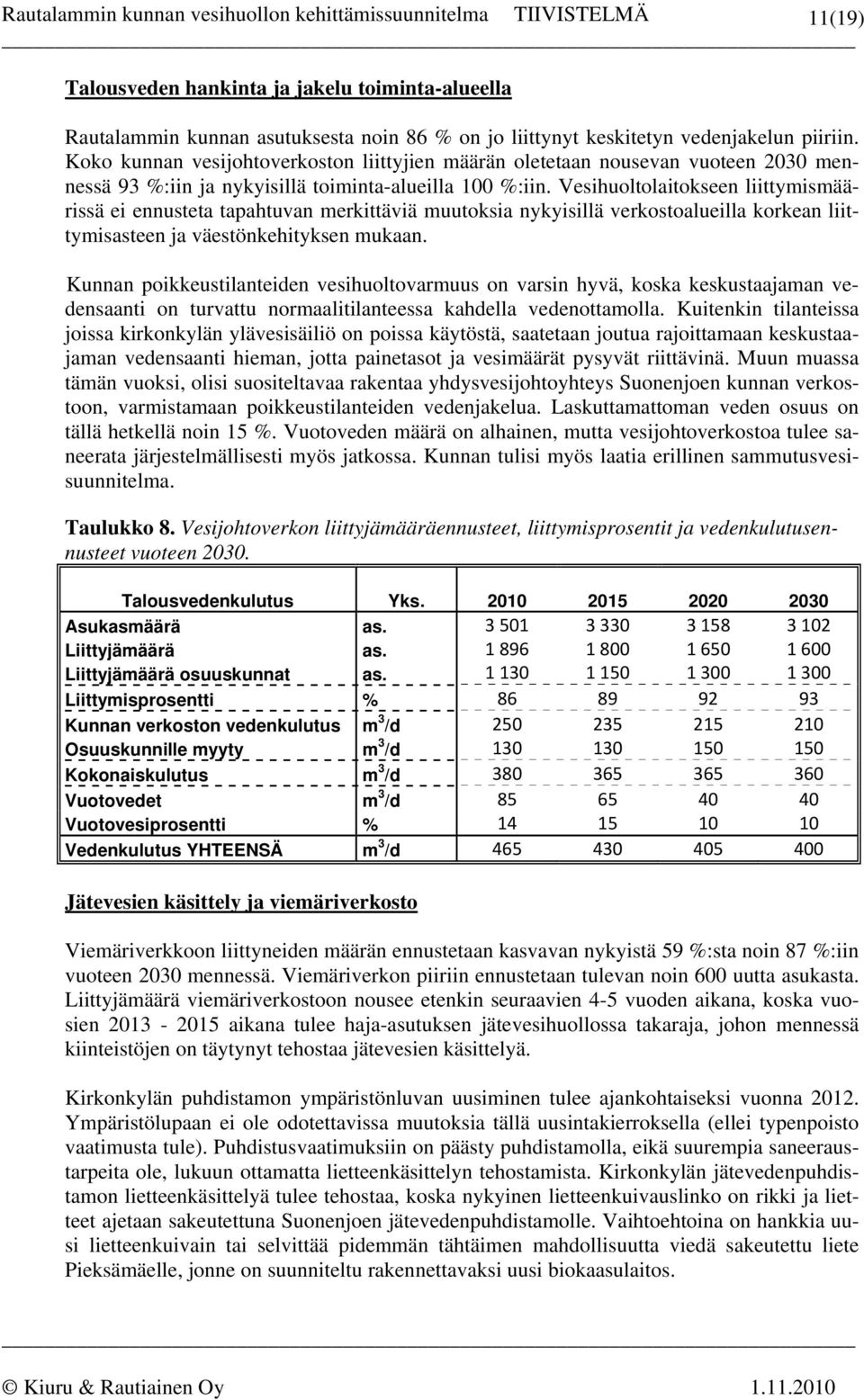 Vesihuoltolaitokseen liittymismäärissä ei ennusteta tapahtuvan merkittäviä muutoksia nykyisillä verkostoalueilla korkean liittymisasteen ja väestönkehityksen mukaan.